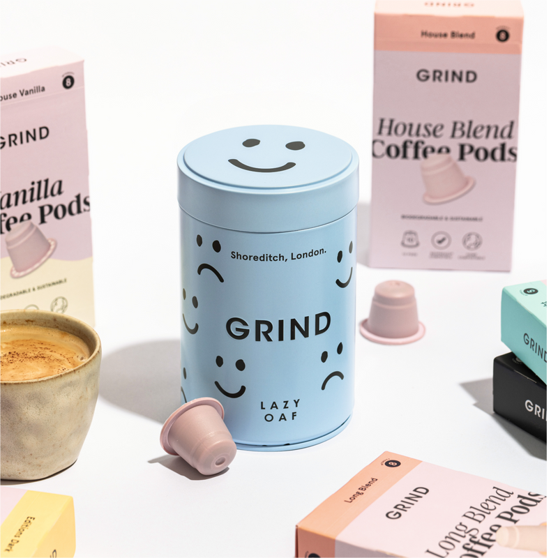 Grind x Lazy Oaf Tin of Compostable Coffee Pods image