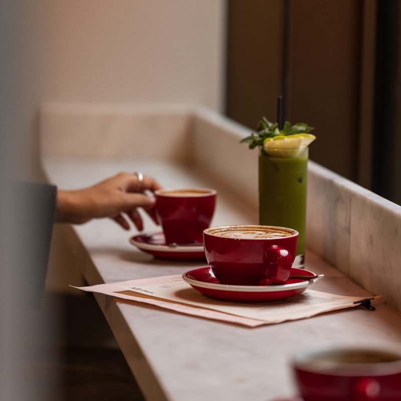 Red Coffee Cups and Saucers image